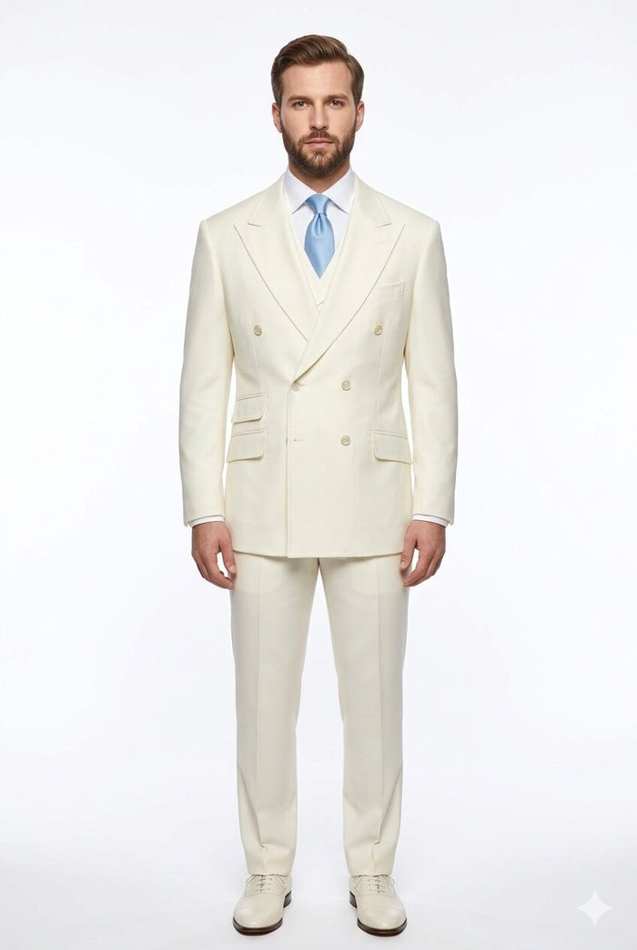 Tiglio Italian Suit - Real Wool Fabric Super 150's EST Off-White, Wide Leg Suit & Vest in Color Off-White