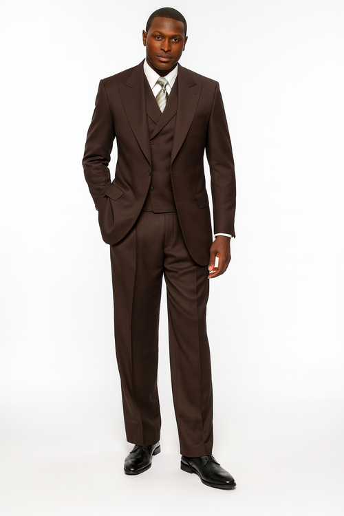 Chocolate brown, three-piece suit in 100% wool super 150s. Features a double-breasted vest and pleated pants. Tailored, structured fit with smooth, clean lines.