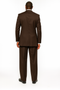 Tiglio Rosso chocolate brown men's three-piece suit. 100% Super 150s wool. Features double-breasted vest, pleated pants, structured silhouette, and tailored lines. A deep, smooth finish. Formal design.