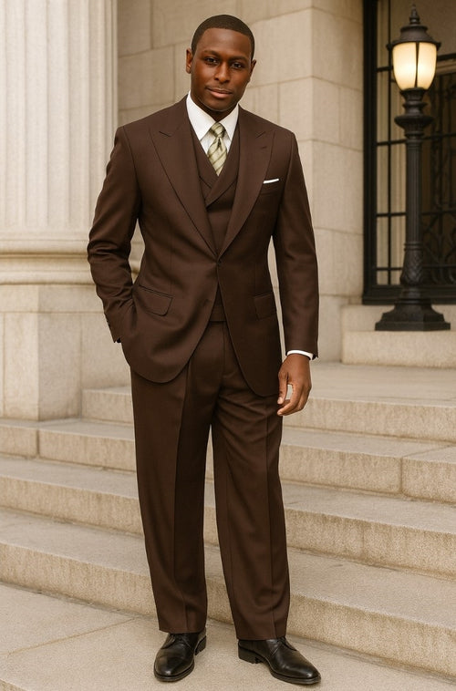 Tiglio Rosso men's chocolate brown three-piece suit: double-breasted vest, pleated pants, and 100% wool super 150s. Classic fit with structured lapels. Straight-leg pants, coordinated brown.