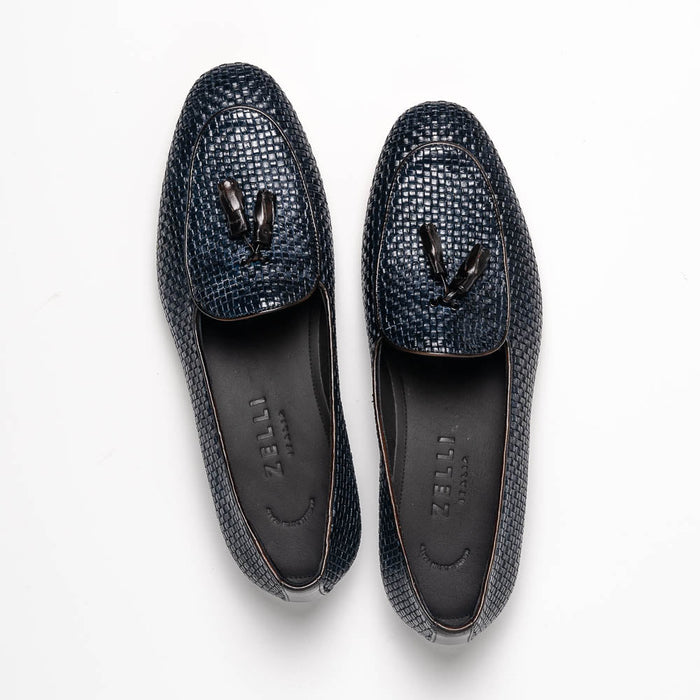 Zelli Tino Woven Calfskin Tassel Loafers | Italian Slip-On Shoes in Blue