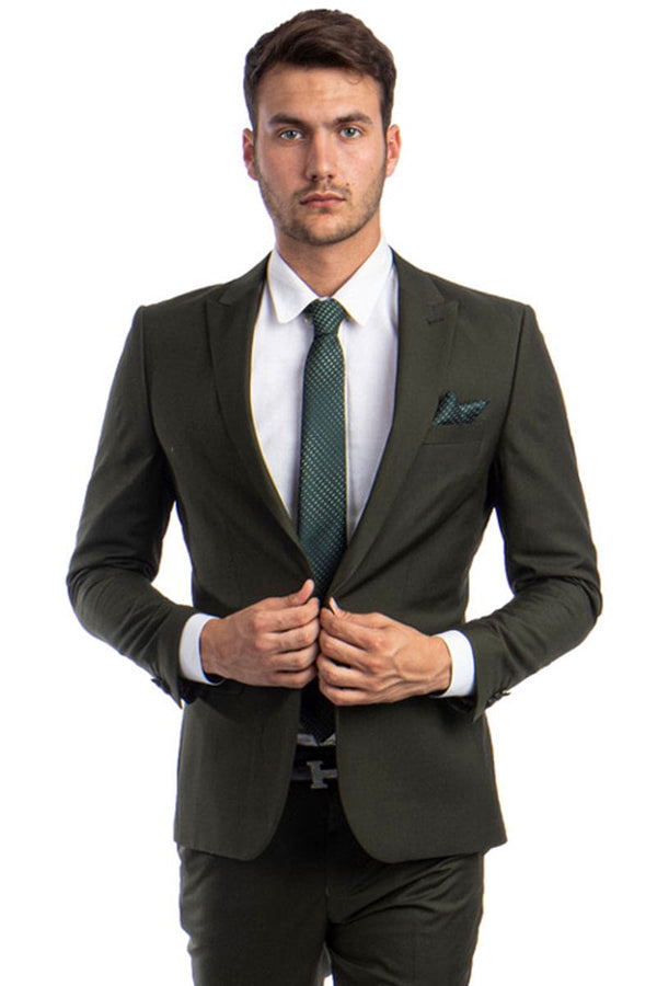 "Men's Slim Fit Suit - One Button Peak Lapel in Dark Olive Green"