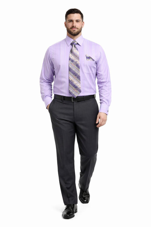 Lavender Men's French Cuff Dress Shirt Set with Tonal Stripe, Tie & Hanky