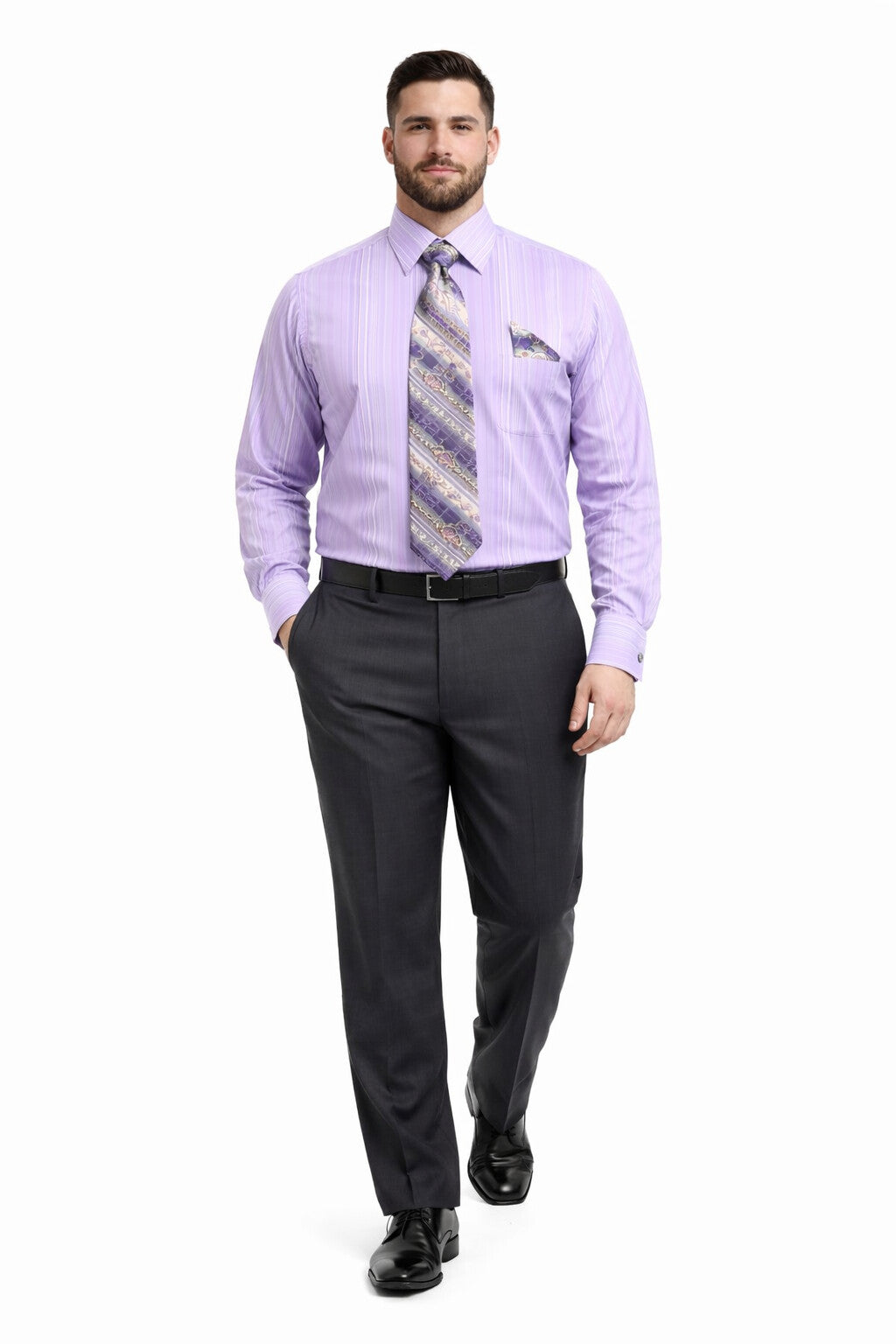 Lavender Men's French Cuff Dress Shirt Set with Tonal Stripe, Tie & Hanky