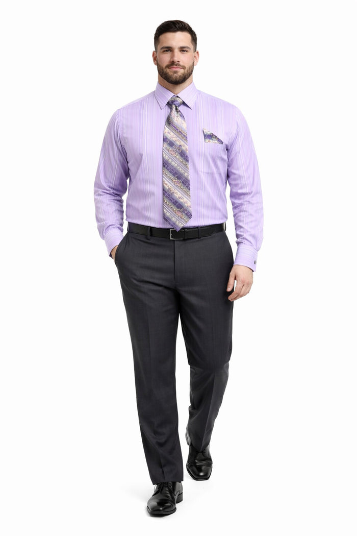 Lavender Men's French Cuff Dress Shirt Set with Tonal Stripe, Tie & Hanky