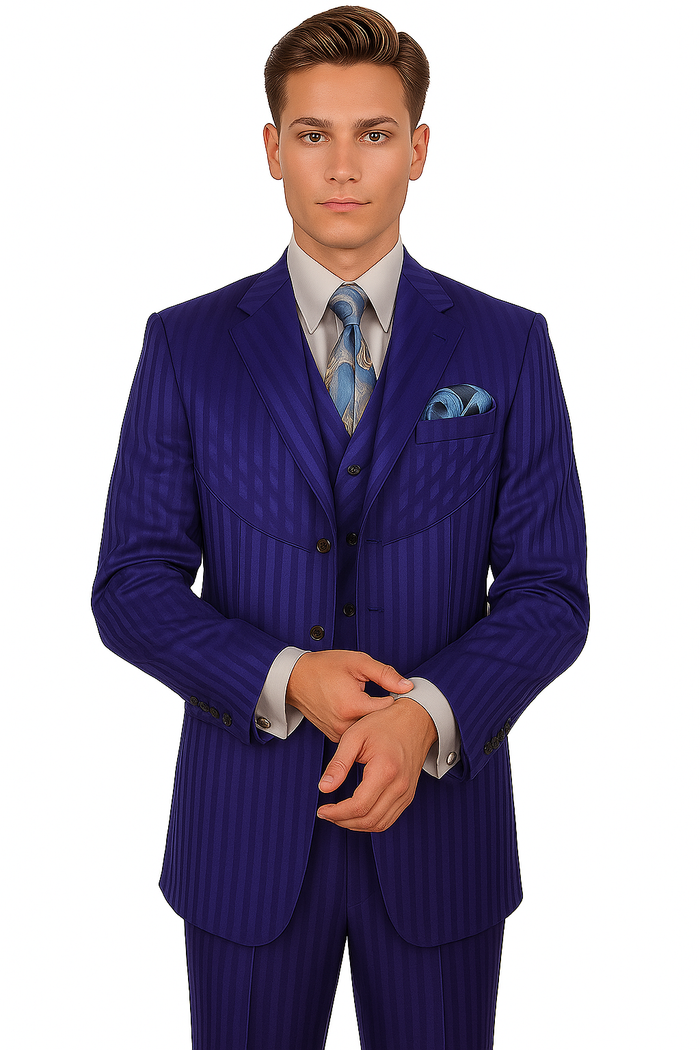 "Navy Blue Men's Shiny Tonal Stripe Fashion Suit - 4 Button Semi Wide Leg"