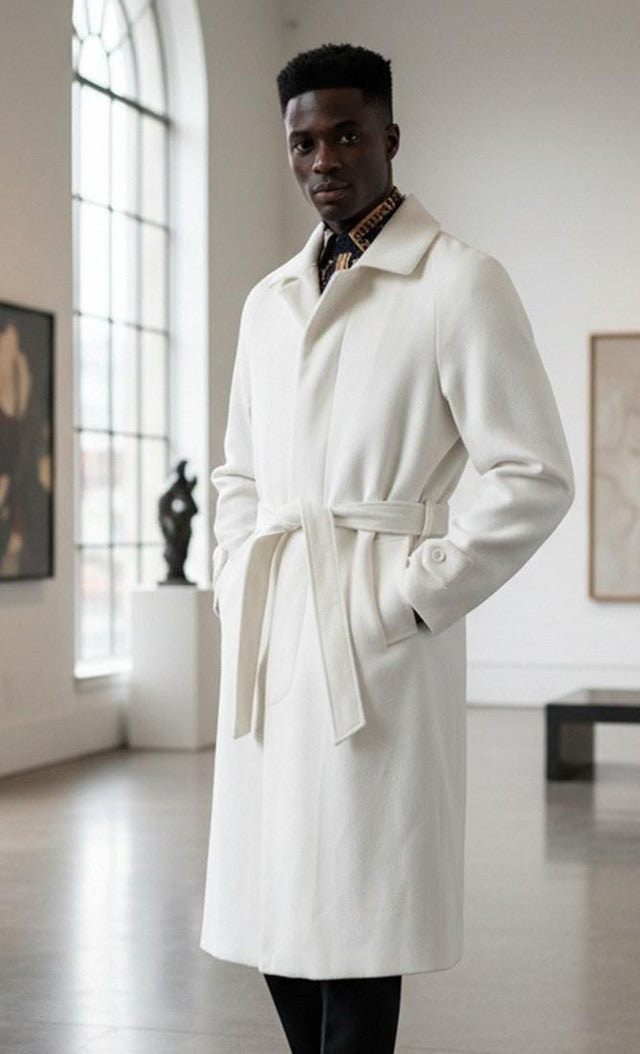 White, full-length wool topcoat with a belted waist and classic collar. Smooth texture, straight silhouette, and buttoned cuffs create a tailored look.
