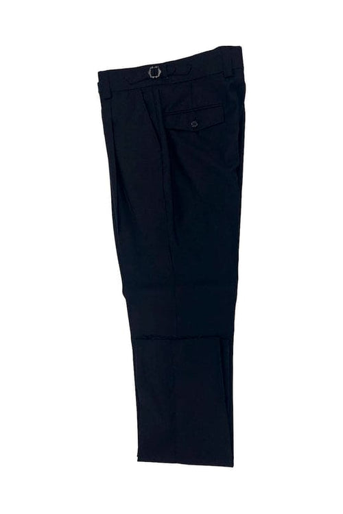Tiglio Luxe black wool Marbella dress pants: semi-wide leg, straight cut, tailored shape. Features belt loops, single back pocket, and belt closure for a structured fit.

