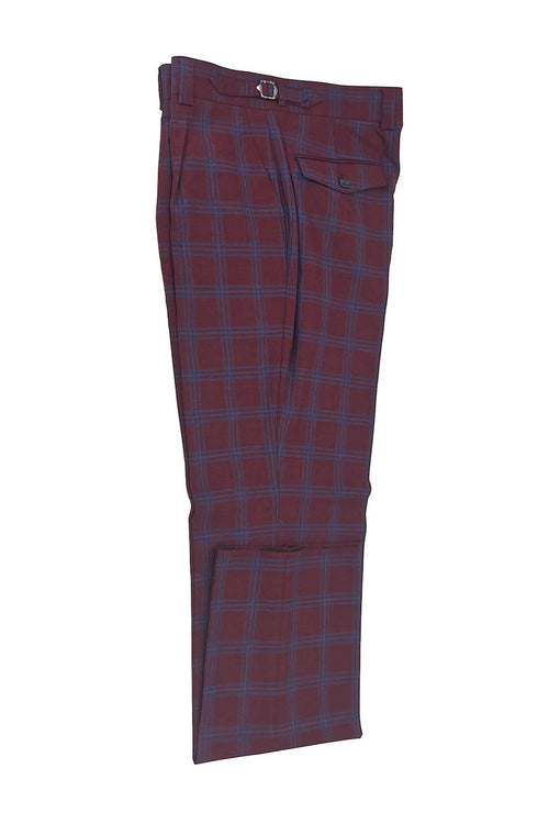 Tiglio Luxe Bordeaux Red with Blue Windowpane Semi-Wide Leg Wool Marbella Dress Pants TL3305