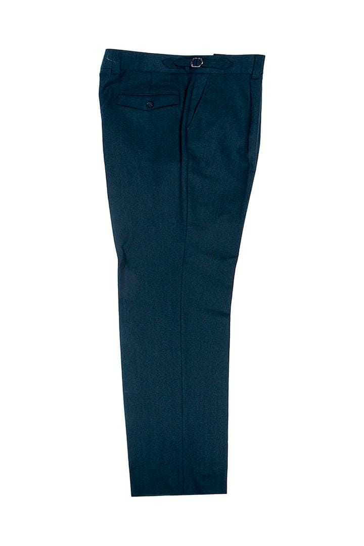 Tiglio Luxe Marbella wool dress pants in dark teal. Semi-wide leg, straight-cut with flare. Textured wool fabric. Features: front pocket, single button, belt loops, and tailored waistband.
