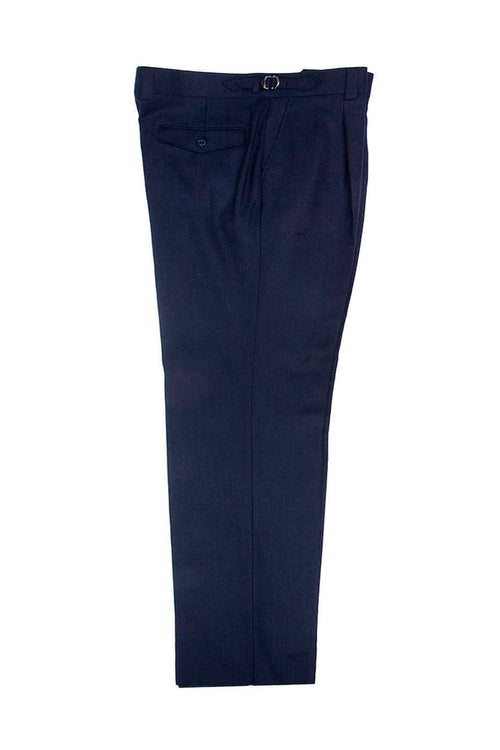 Tiglio Luxe navy wool Marbella dress pants (TL8190) with semi-wide leg. Features a single back button pocket, tailored fit, and belt loops with buckle detail.