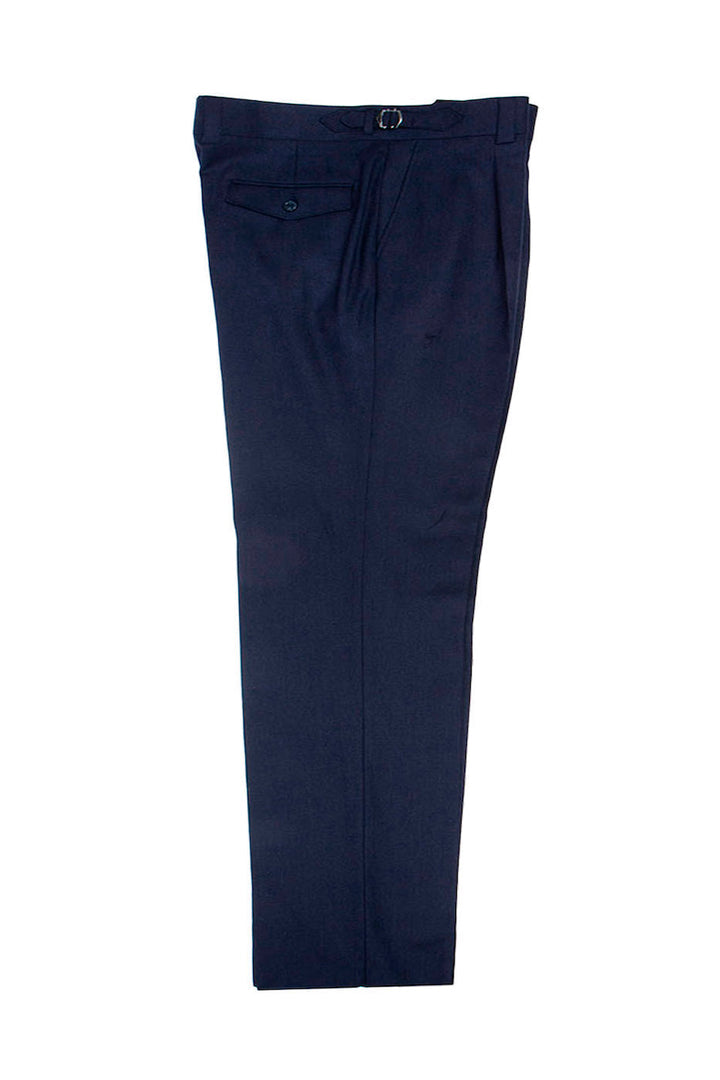 Tiglio Luxe navy wool Marbella dress pants (TL8190) with semi-wide leg. Features a single back button pocket, tailored fit, and belt loops with buckle detail.