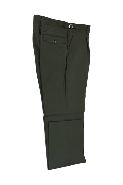 Dark olive Tiglio Luxe Marbella wool dress pants (TL8202) with semi-wide leg. Features: circular clasp waistband, button-closure back pocket. Designed for a crease-resistant, neat fit.