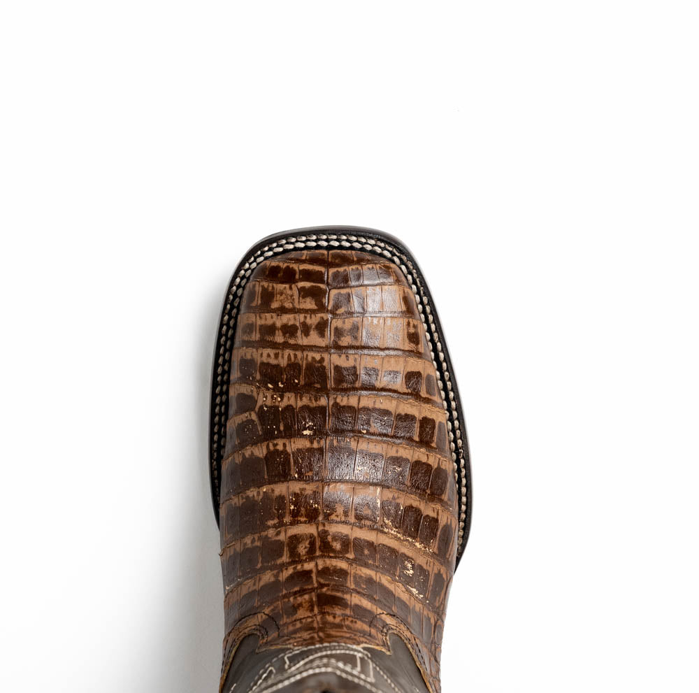 Marco Di Milano Tuscon Stone Brown Caiman Crocodile Square Toe Cowboy Boots