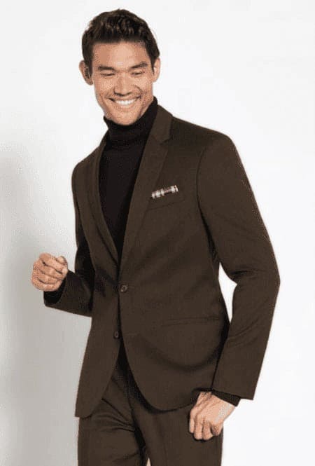 Suit And Turtleneck Combo - Turtleneck Prom Outfits - Prom Turtleneck Brown Suit