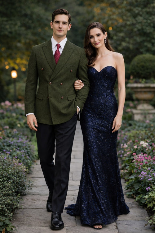 Men's dark green winter blazer: tailored, double-breasted, modern cut. Textured fabric, brown buttons, and two side pockets. A stylish winter essential.
