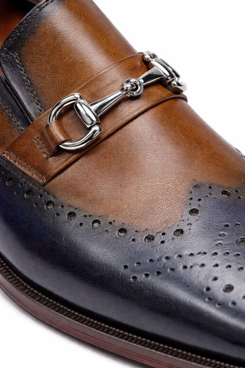 Mens Wholecut Two Tone Leather Wingtip Loafer Dress Shoes in Blue & Tan