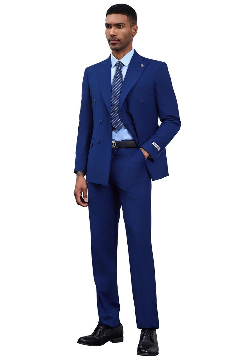 Stacy Adams men's blue double-breasted suit. Fitted design, structured shoulders, straight silhouette. Smooth blue fabric, notched lapels. Matching straight-leg trousers. Includes shirt & striped tie.
