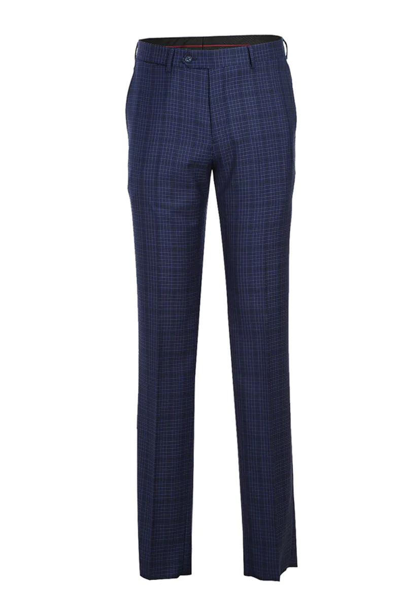 Navy overcheck plaid suit. Slim fit, two-button, peak lapel. Structured jacket, tailored silhouette. Straight-leg trousers with subtle plaid. Smooth, woven fabric.
