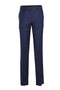 Navy overcheck plaid suit. Slim fit, two-button, peak lapel. Structured jacket, tailored silhouette. Straight-leg trousers with subtle plaid. Smooth, woven fabric.

