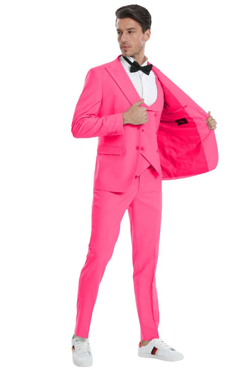 "Fuchsia Pink Men's Wedding & Prom 2025 Suit - Two Button Vested Peak Lapel"