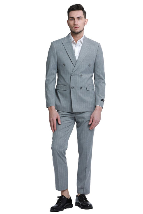 Grey Pinstripe Men's Slim Fit Double Breasted Gangster Suit