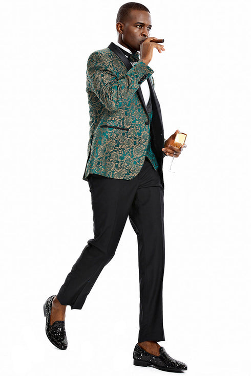 "Green & Gold Paisley Men's One Button Vested Shawl Tuxedo for Prom 2025 & Wedding"