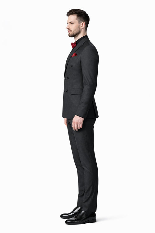 Ultra Slim Fit Double Breasted Charcoal Suit - Narrow Leg Pants - Gucci Cut - Tapered Jacket