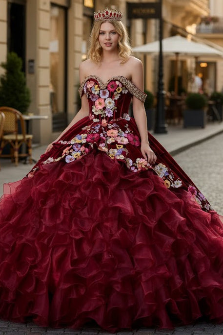 Burgundy Charro Quinceanera Dress Off Shoulder Ruffled Ball Gown by Elizabeth K GL3638