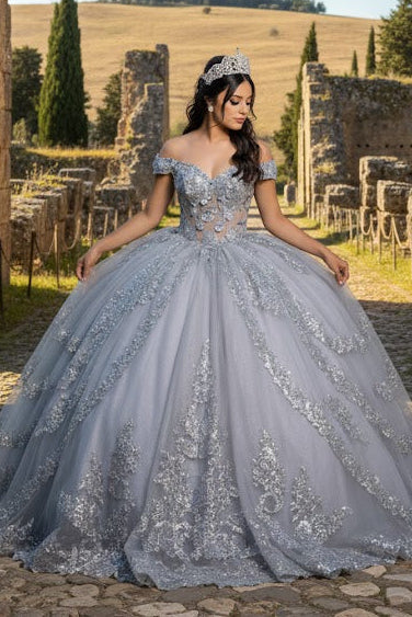 Off the Shoulder Quinceañera Ball Gown with Sequins 3D Floral Lace Sweet 16 Dress by Layla K LK285