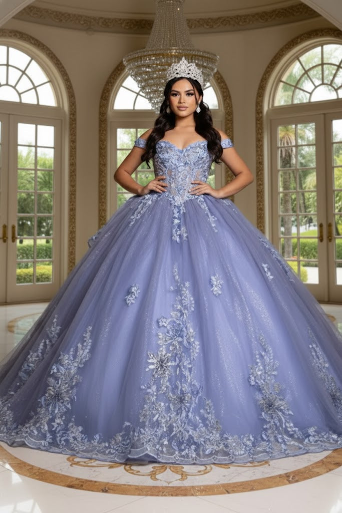 Luxurious Off The Shoulder Quinceañera Ball Gown with 3D Floral Appliqués Glitter Tulle Skirt by Layla K LK286