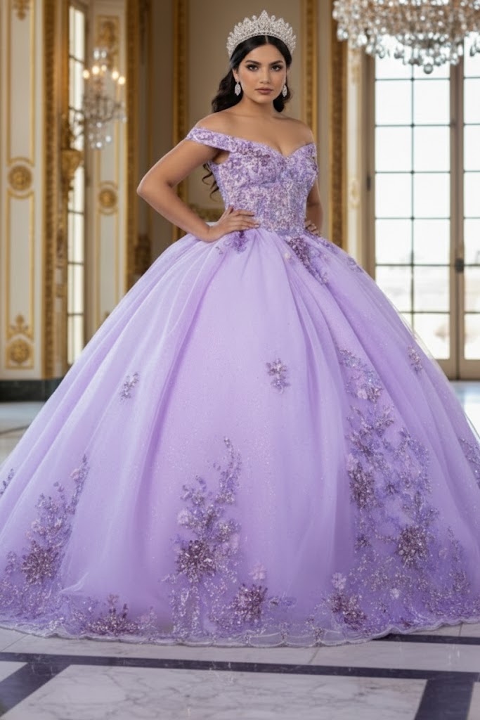 Luxurious Off The Shoulder Quinceañera Ball Gown with 3D Floral Appliqués Glitter Tulle Skirt by Layla K LK286