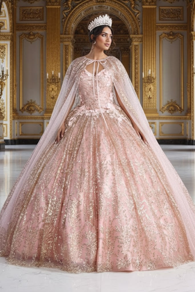 Layla K LK204 Detachable Cape Glitter 3D Floral Applique Quince Gown