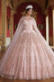 Layla K LK204 Detachable Cape Glitter 3D Floral Applique Quince Gown