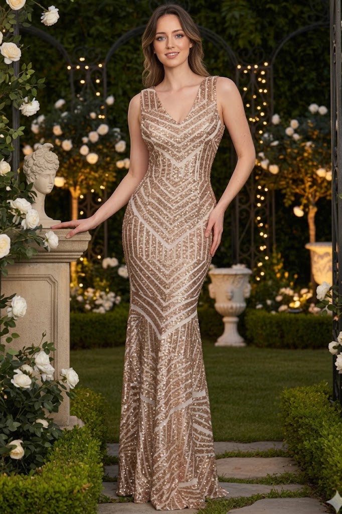 Lenovia USA 5150 V-Neck Mermaid Sequined Long Evening Prom Dress-New Collection