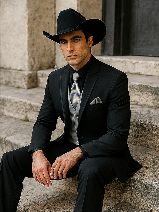 Men's black Western tuxedo: Tailored silhouette, silver vest, black suit jacket, and a black cowboy hat. A stylish and unique formal look.
