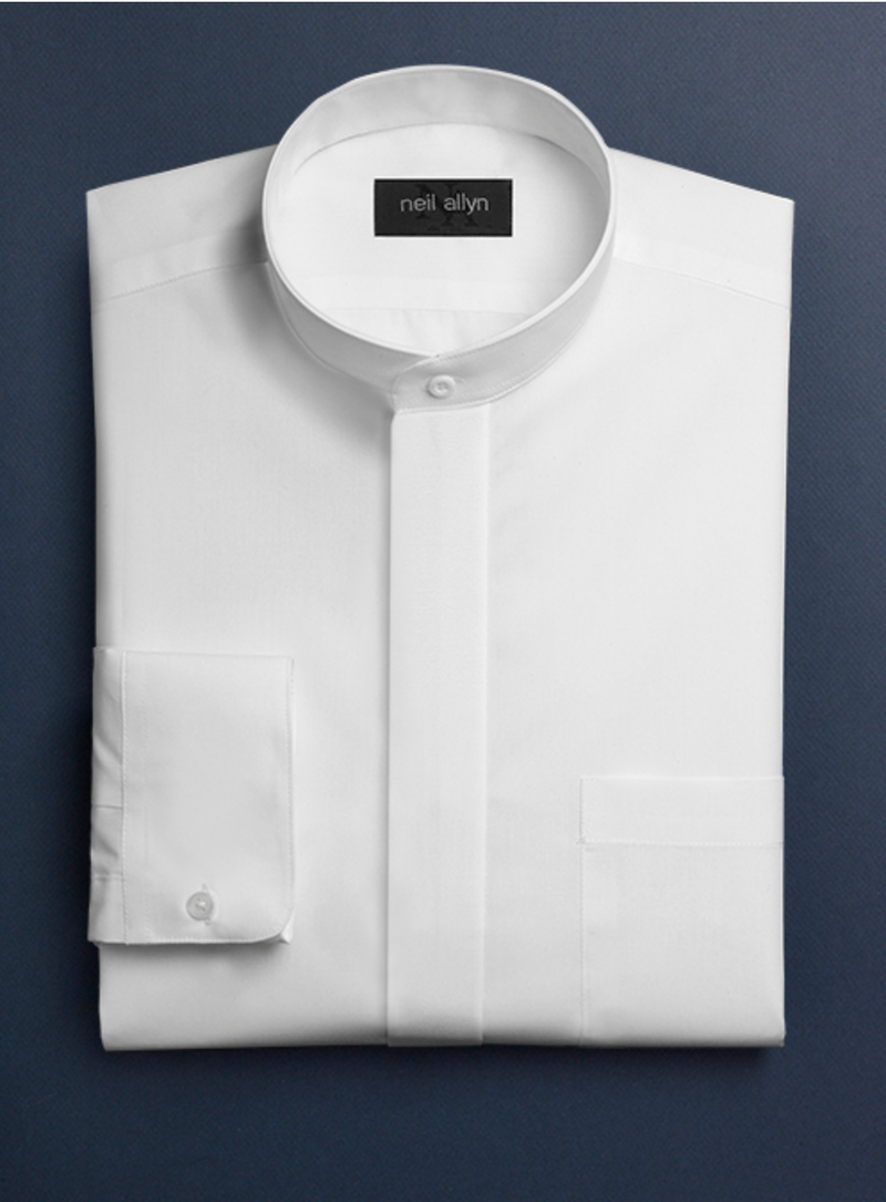 "White Men's Classic French Front Dress Shirt with Banded Collar"