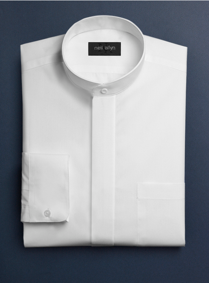 "White Men's Classic French Front Dress Shirt with Banded Collar"