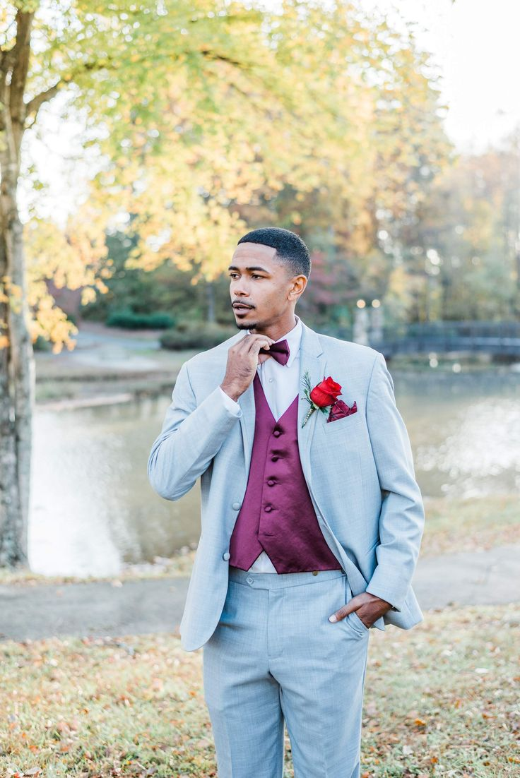 Light Grey With Burugndy Suit Vest and Pants and Bow Tie Package