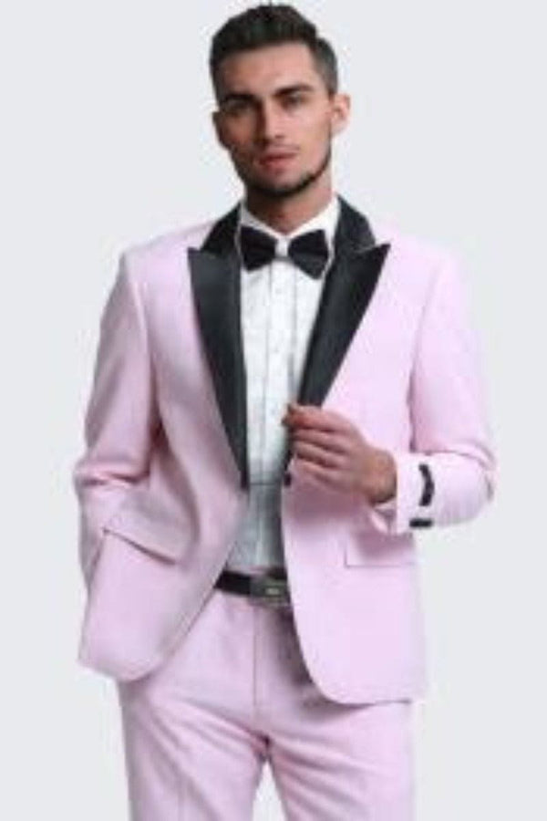 Mens Pink Tuxedo Slim Fit Peak Lapel With Button Chain 3 Piece Set