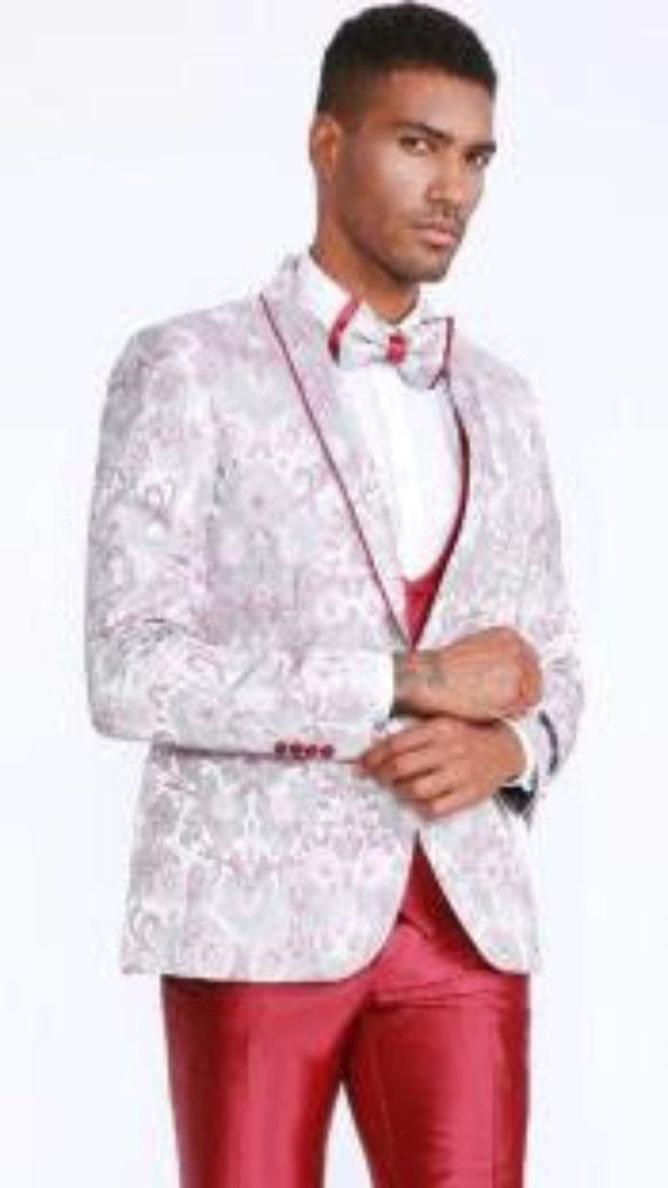 Mens Pink And Raspberry Tuxedo With Floral Pattern Four Piece Set