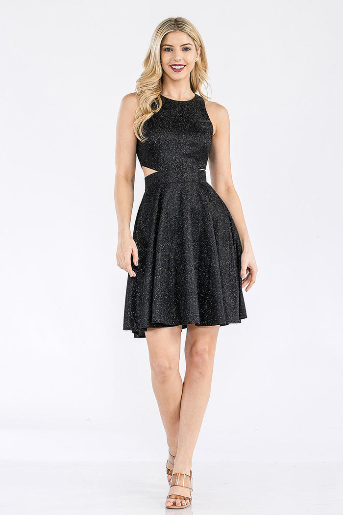 Short Metallic Glitter Halter A-line Dress with Pockets by Perrty 3063