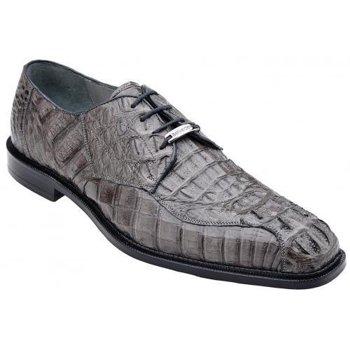 Gray crocodile hornback oxfords by Belvedere Chapo. Streamlined shape, pointed toe, and hornback pattern. Black lace closure and leather sole. Exotic and stylish design.
