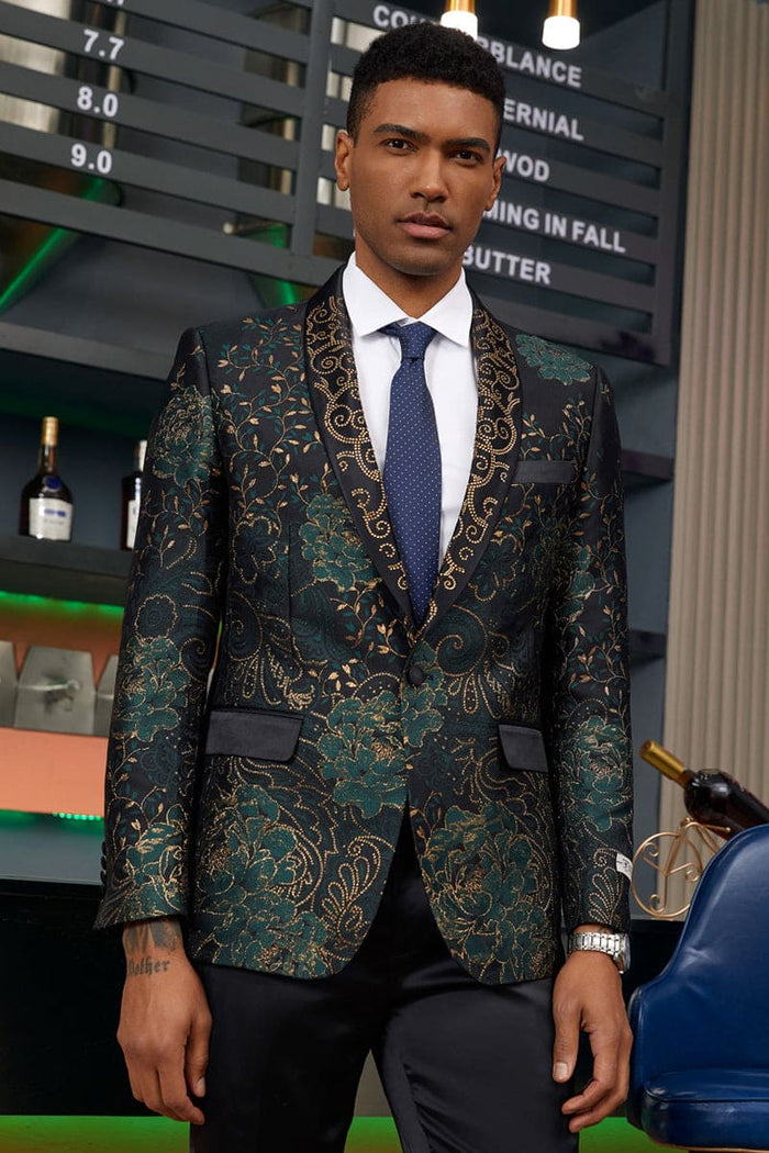 "Stacy Adams Men's Designer Tuxedo Jacket - Prom 2026 & Wedding, Green & Gold Floral Paisley"
