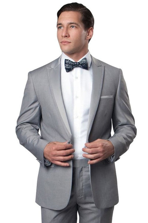 "Light Grey Men's Slim Fit Tuxedo - One Button, Satin Trim, Peak Lapel for Prom 2025 & Wedding"