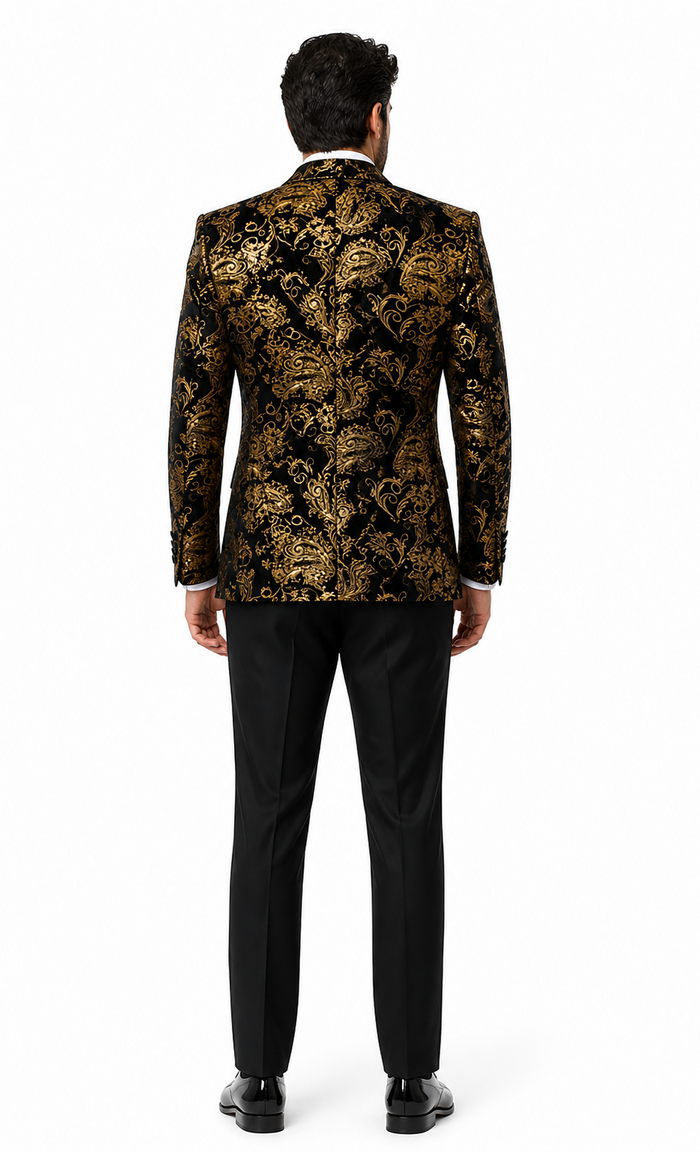 Velvet Floral Paisley Men's Tuxedo Jacket - Modern Fit In Gold & Black
