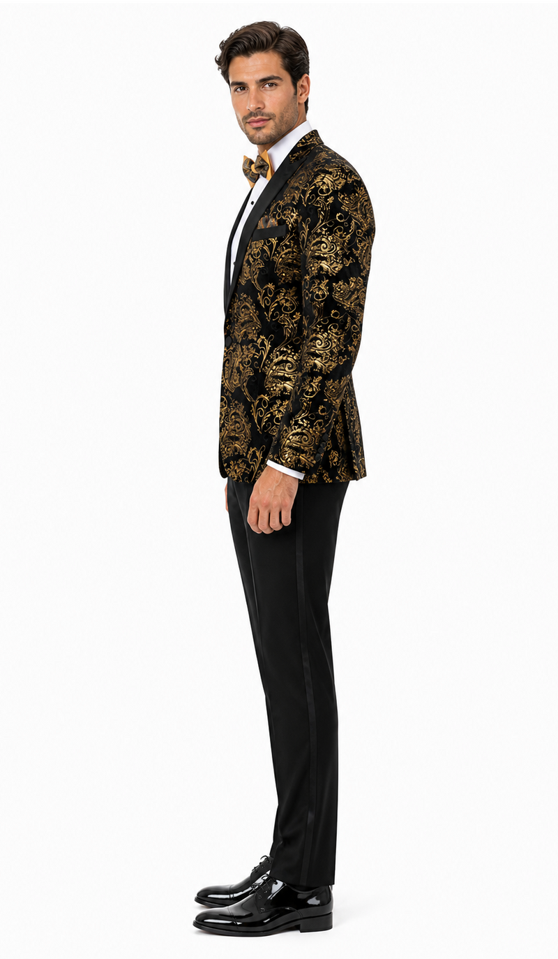 Velvet Floral Paisley Men's Tuxedo Jacket - Modern Fit In Gold & Black