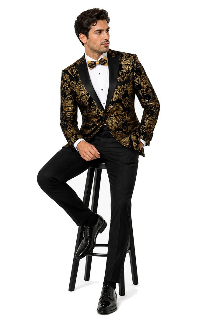 Velvet Floral Paisley Men's Tuxedo Jacket - Modern Fit In Gold & Black