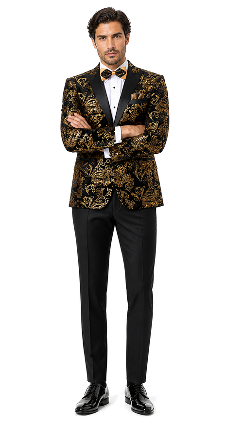 Velvet Floral Paisley Men's Tuxedo Jacket - Modern Fit In Gold & Black