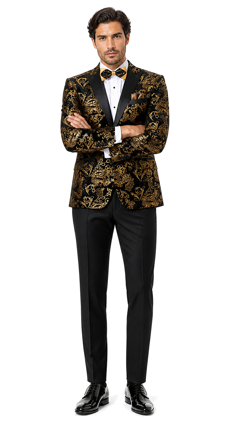 Velvet Floral Paisley Men's Tuxedo Jacket - Modern Fit In Gold & Black